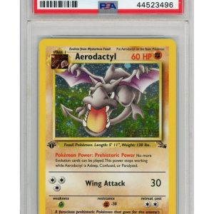 Aerodactyl Prerelease Stamp Cosmos Holo 1/62 1st Edition PSA 7